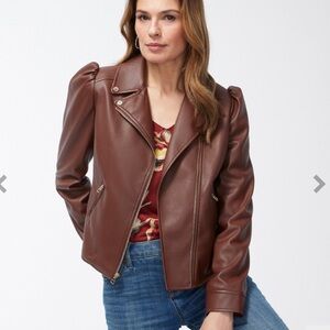 Chicos faux leather brown moto jacket size 10 1.5 (chicos)